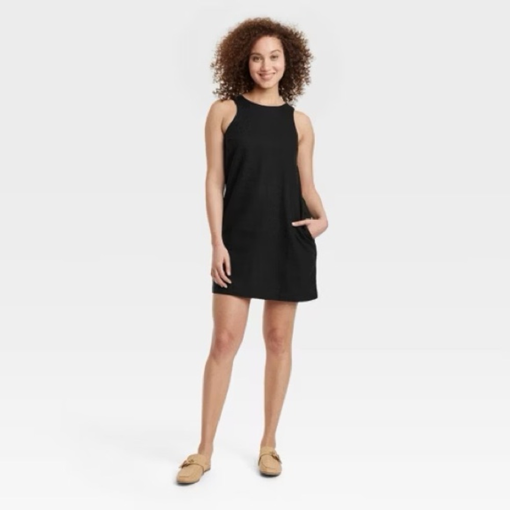 a new day - Linen Mini Black Shift Dress XS